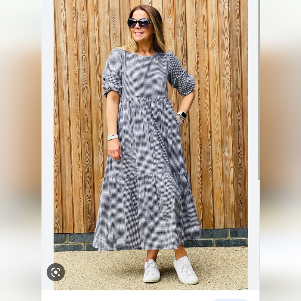 Blue Gingham Tiered Midi Dress Old Navy